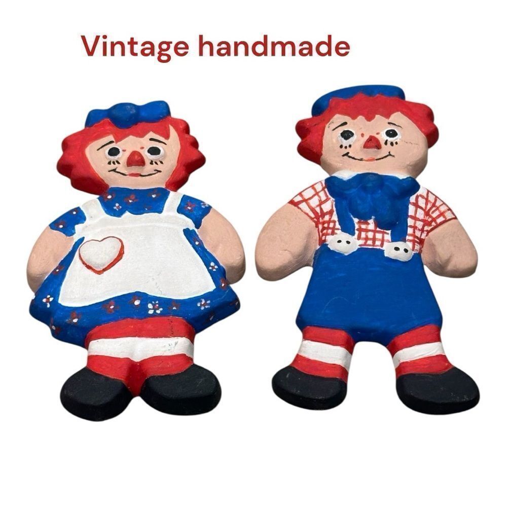 Raggedy Ann & Andy Vintage Handmade Red and Blue ceramic Set signed